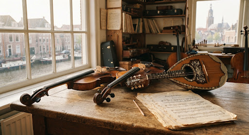 Klassieke instrumenten viool en mandoline met uitzicht op historisch Deventer stadsbeeld