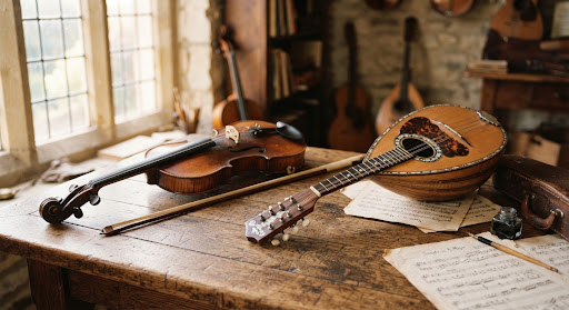 Viool en mandoline samen op een atelier tafel met bladmuziek